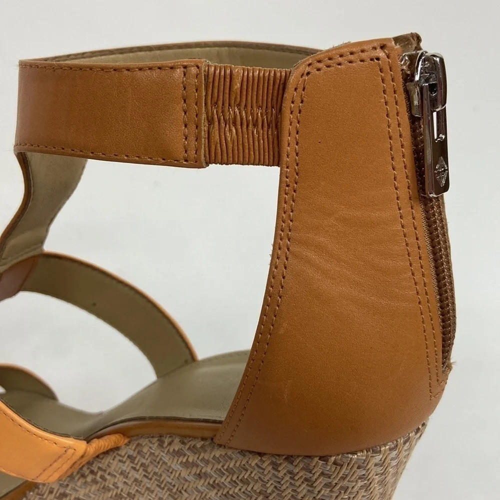 Antonio Melani Cam Leather T-Strap and Ankle Strap Open Toe Platform Woven Wedge